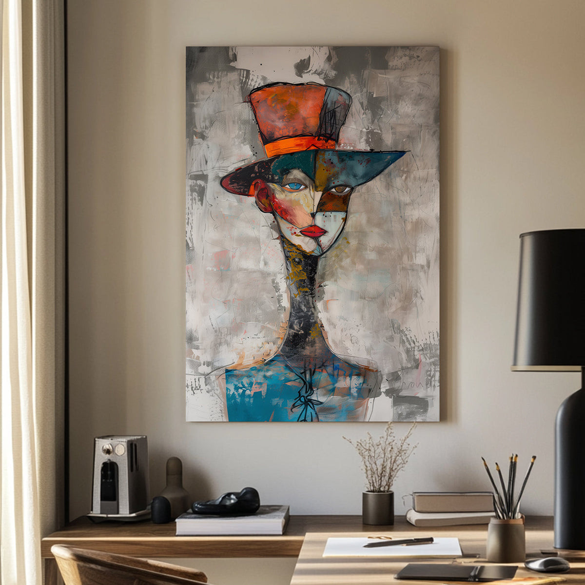 Abstract wall art portrait of a face with a divided design, featuring a vibrant hat, earthy colours, and contrasting eye expressions.