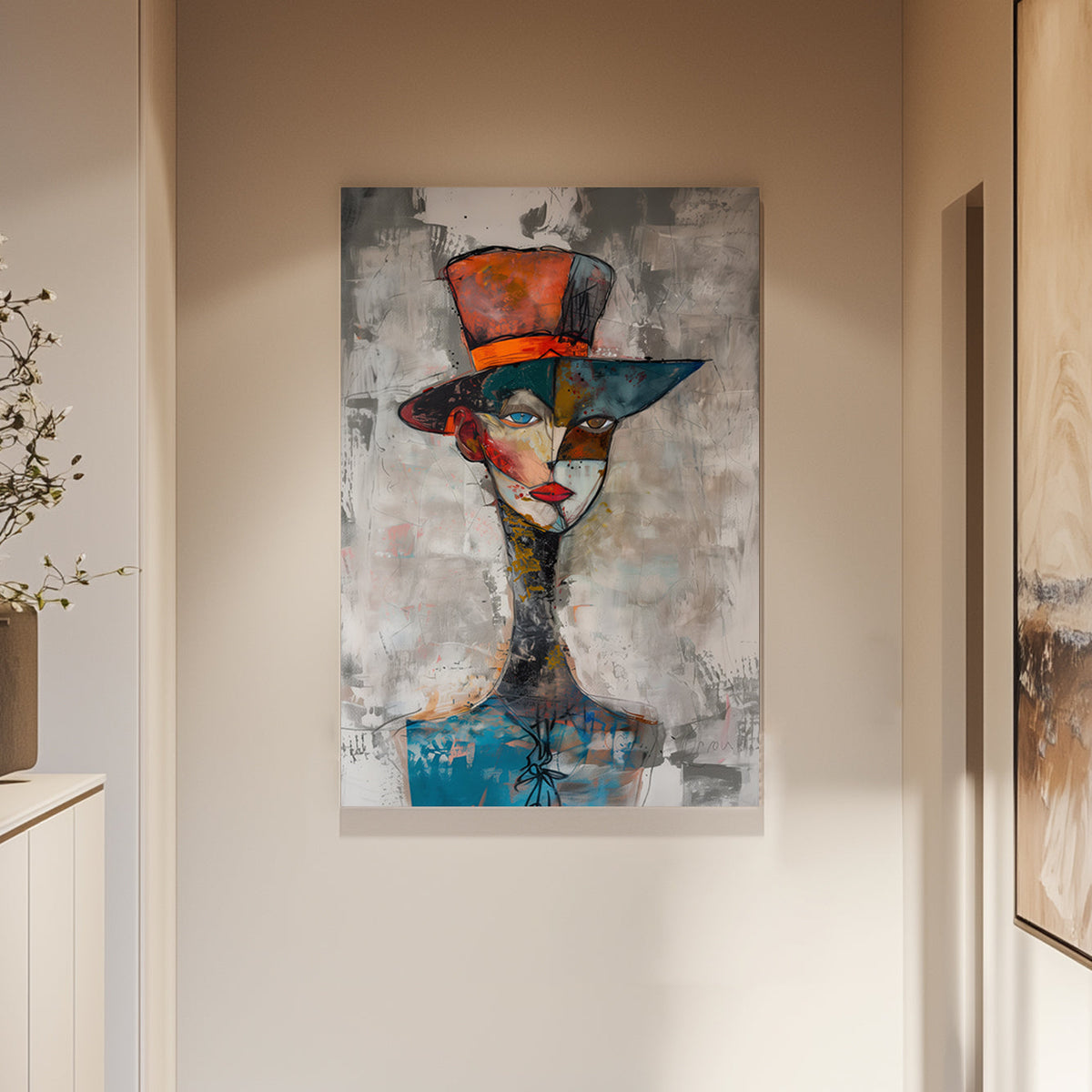 Abstract wall art portrait of a face with a divided design, featuring a vibrant hat, earthy colours, and contrasting eye expressions.