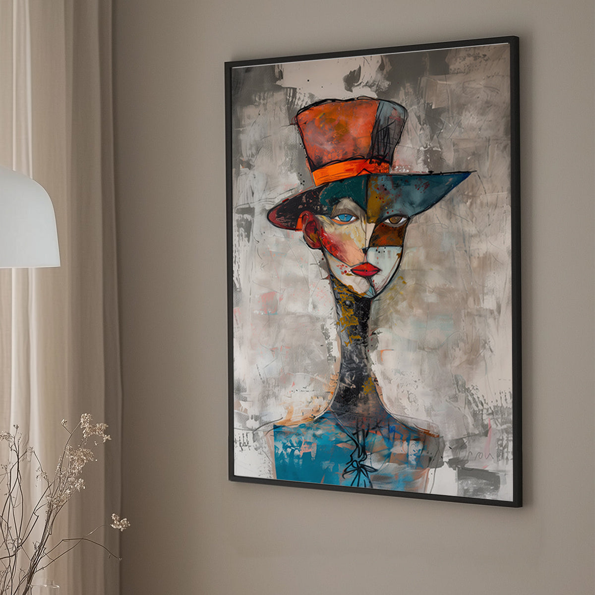 Abstract wall art portrait of a face with a divided design, featuring a vibrant hat, earthy colours, and contrasting eye expressions.