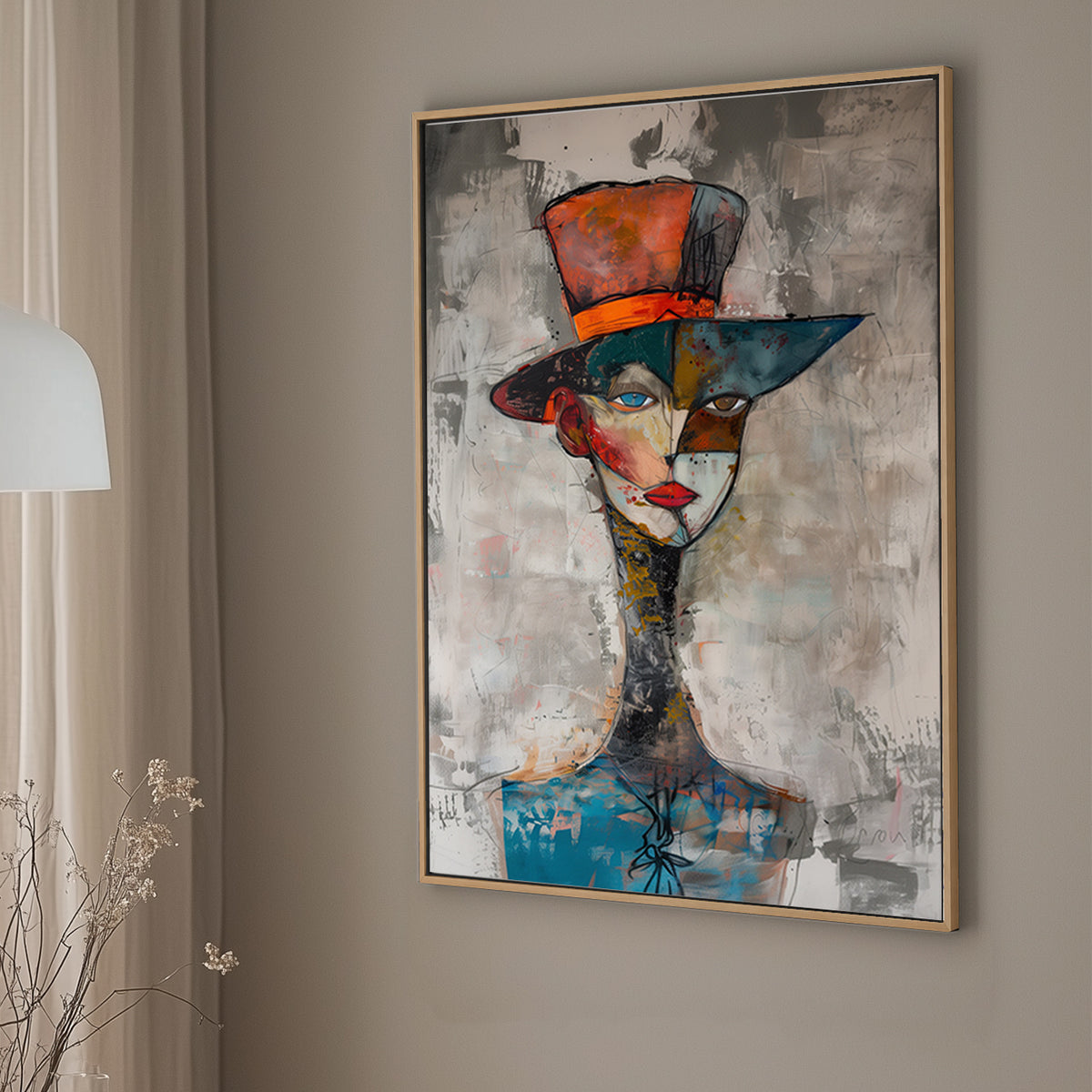 Abstract wall art portrait of a face with a divided design, featuring a vibrant hat, earthy colours, and contrasting eye expressions.