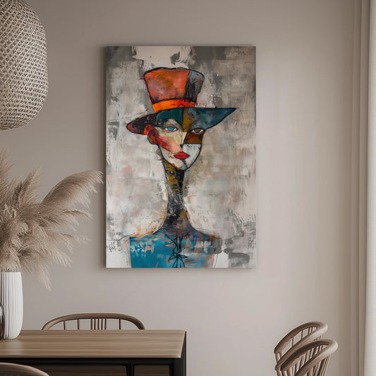 Abstract wall art portrait of a face with a divided design, featuring a vibrant hat, earthy colours, and contrasting eye expressions.