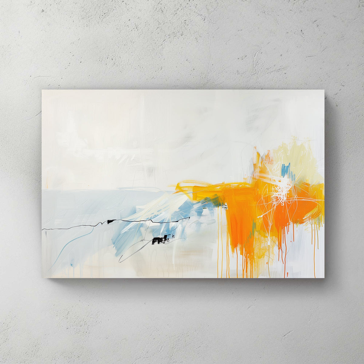 Abstract wall art painting with white and light blue tones complemented by vibrant orange and yellow streaks, creating a minimal yet energetic composition.