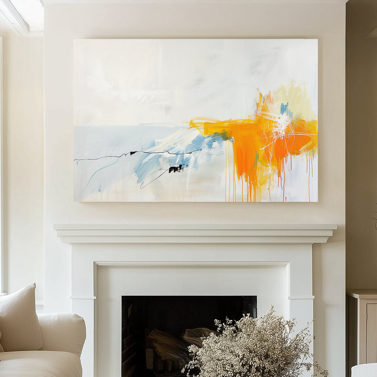 Abstract wall art painting with white and light blue tones complemented by vibrant orange and yellow streaks, creating a minimal yet energetic composition.