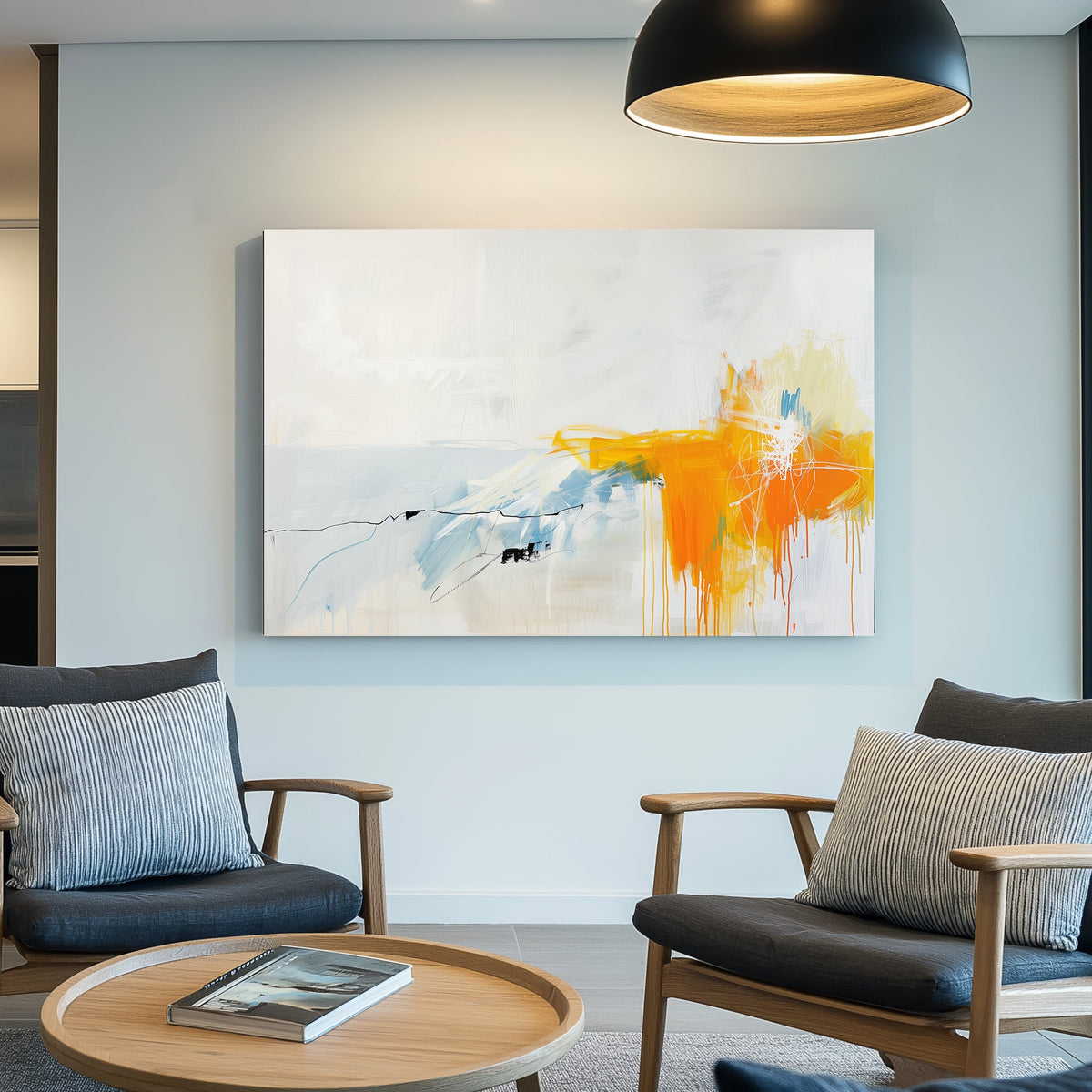 Abstract wall art painting with white and light blue tones complemented by vibrant orange and yellow streaks, creating a minimal yet energetic composition.