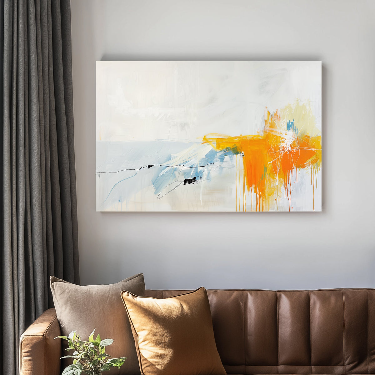 Abstract wall art painting with white and light blue tones complemented by vibrant orange and yellow streaks, creating a minimal yet energetic composition.