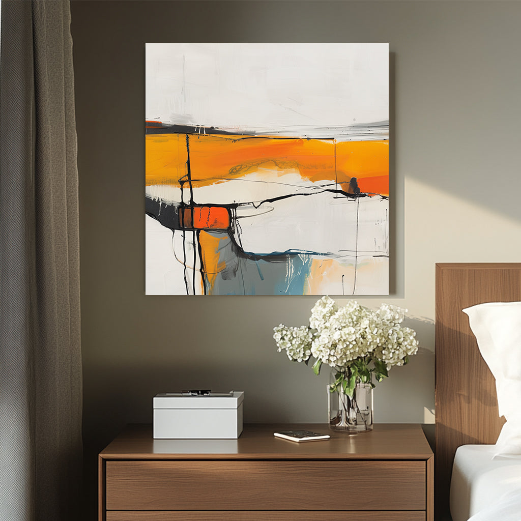 Abstract wall artwork featuring bright white spaces, orange and yellow bands, and soft blue highlights intersected by bold black lines.