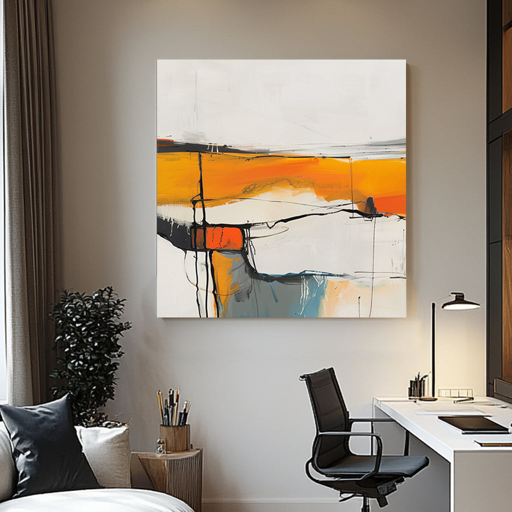Abstract wall artwork featuring bright white spaces, orange and yellow bands, and soft blue highlights intersected by bold black lines.