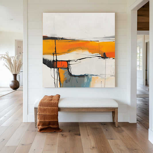 Abstract wall artwork featuring bright white spaces, orange and yellow bands, and soft blue highlights intersected by bold black lines.