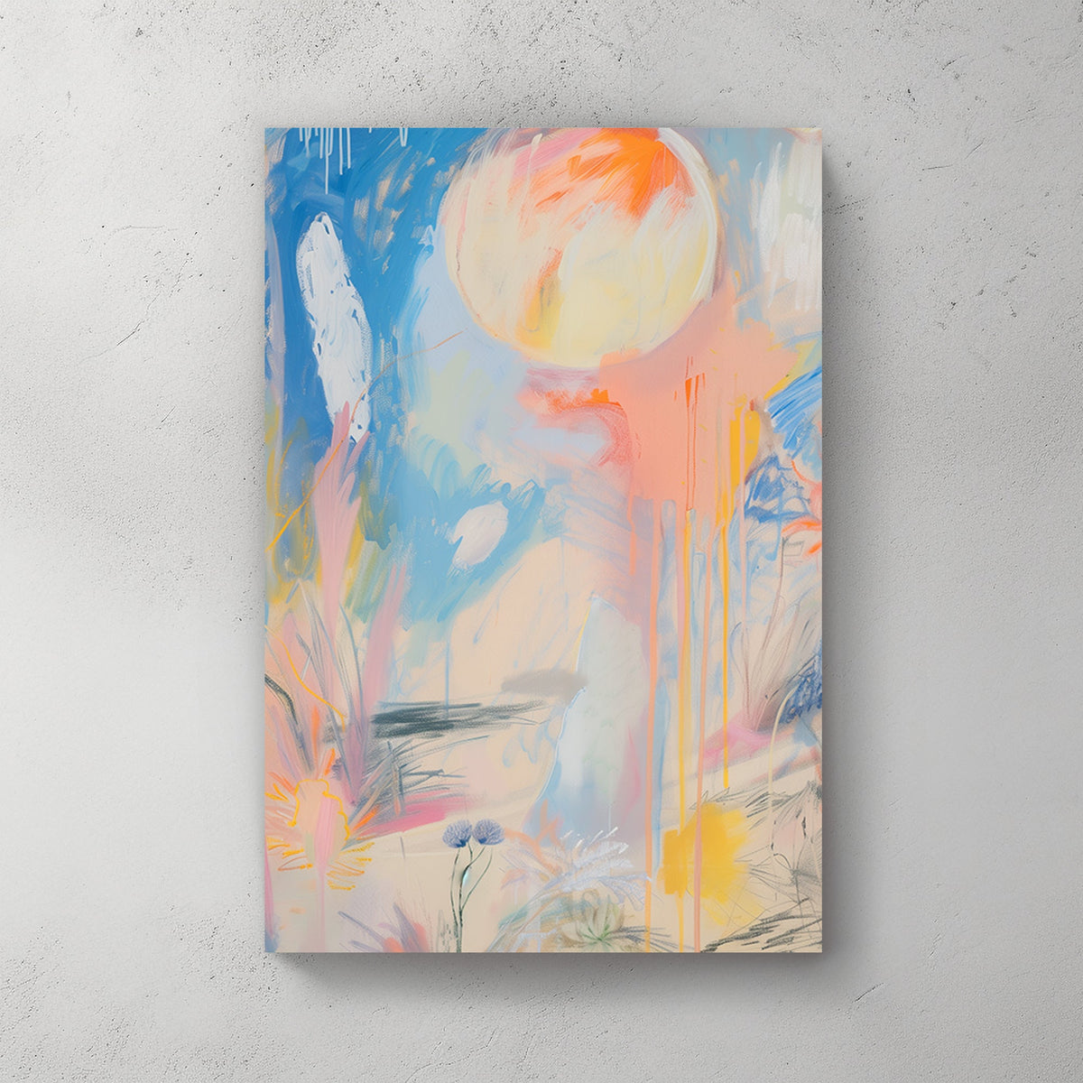 Abstract wall artwork with soft pastel tones, flowing brushstrokes, and subtle floral sketches in blue, peach, and yellow.