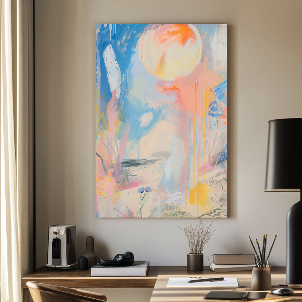 Abstract wall artwork with soft pastel tones, flowing brushstrokes, and subtle floral sketches in blue, peach, and yellow.