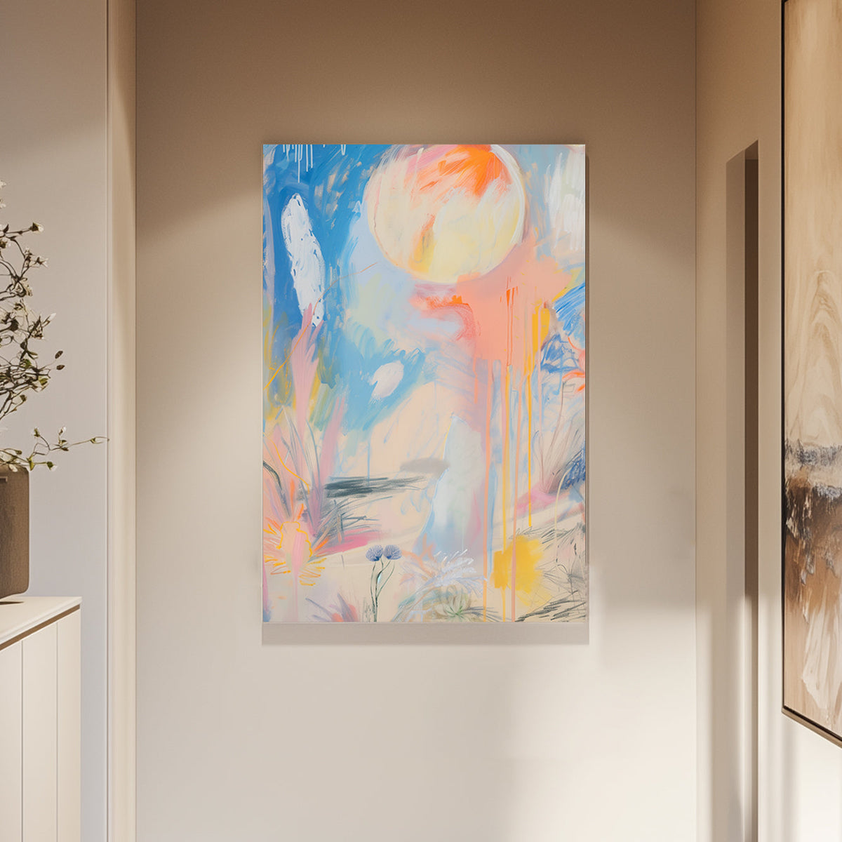Abstract wall artwork with soft pastel tones, flowing brushstrokes, and subtle floral sketches in blue, peach, and yellow.