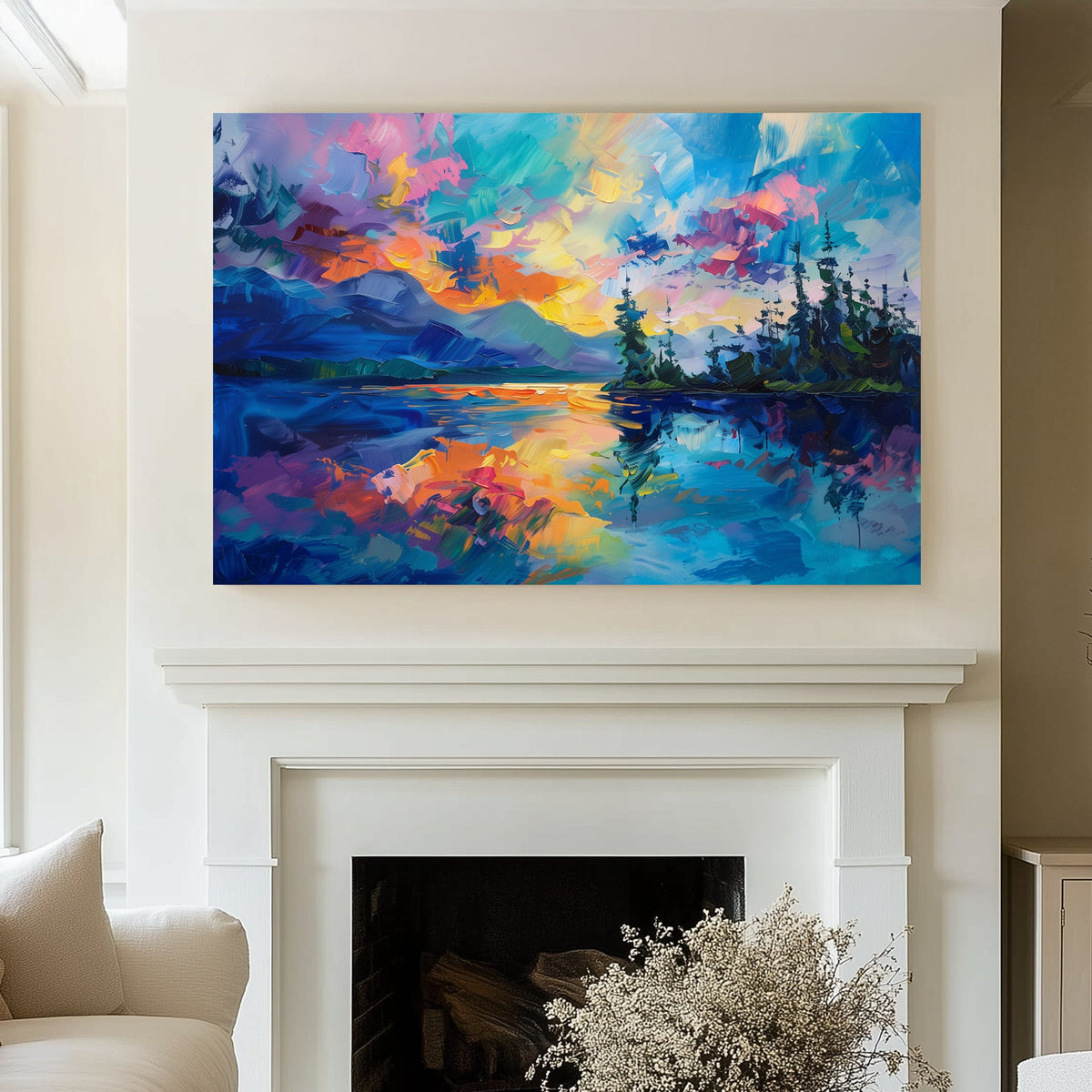 A vibrant sunset wall art print reflecting on a peaceful lake with vivid pink, orange, and blue brushstrokes, framed by silhouetted trees and distant mountains.
