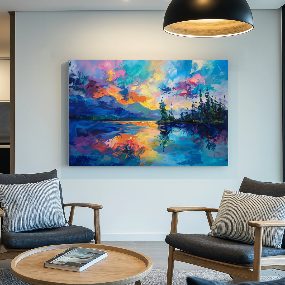 A vibrant sunset wall art print reflecting on a peaceful lake with vivid pink, orange, and blue brushstrokes, framed by silhouetted trees and distant mountains.