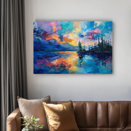 A vibrant sunset wall art print reflecting on a peaceful lake with vivid pink, orange, and blue brushstrokes, framed by silhouetted trees and distant mountains.