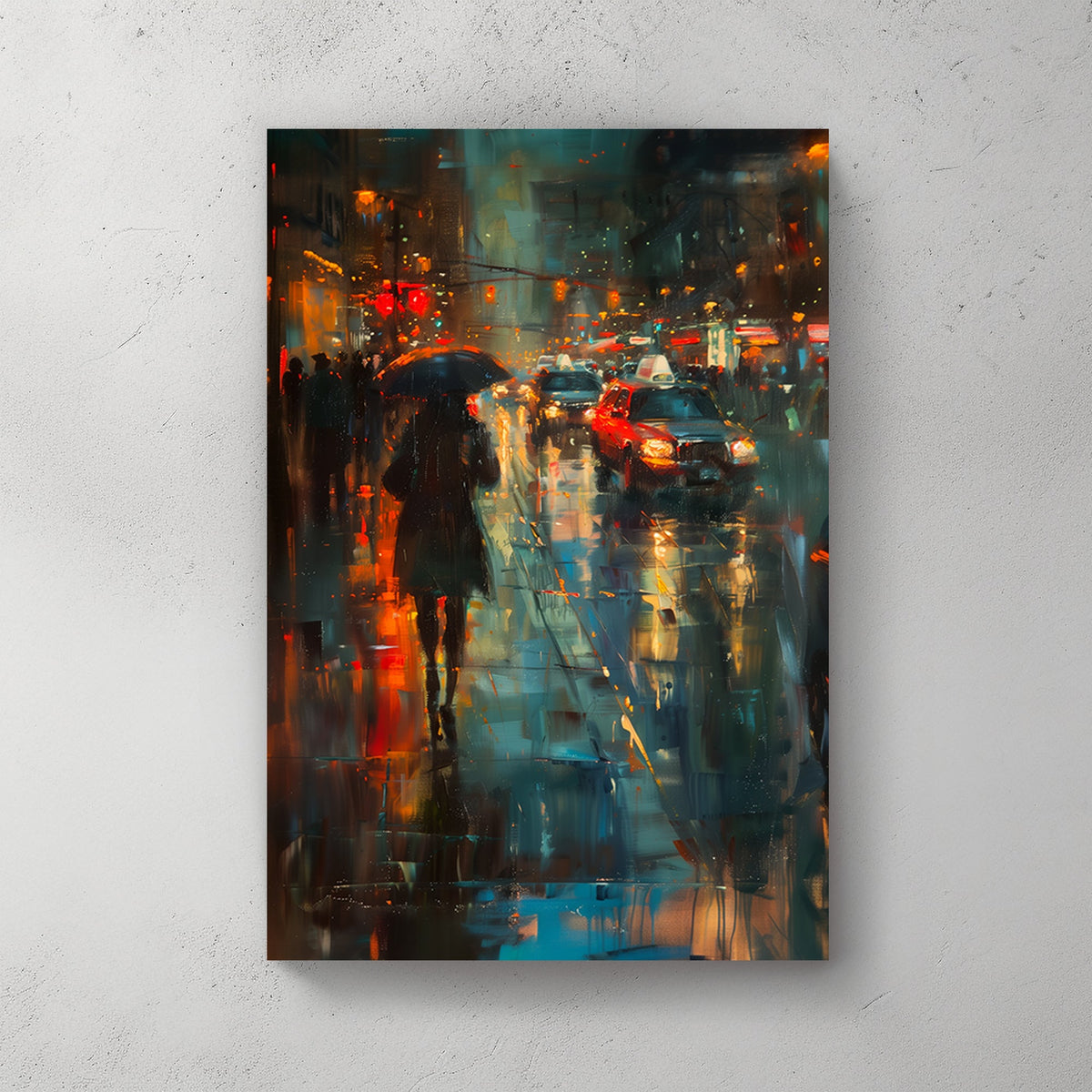 A rainy city wall art print of a street scene with glowing red and orange lights reflecting on the wet pavement, featuring a silhouetted figure with an umbrella and passing cars.