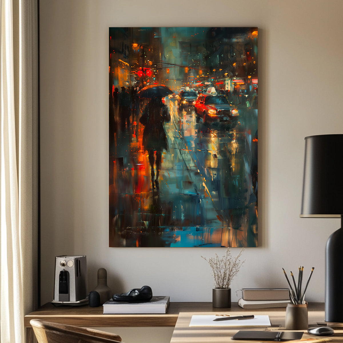 A rainy city wall art print of a street scene with glowing red and orange lights reflecting on the wet pavement, featuring a silhouetted figure with an umbrella and passing cars.