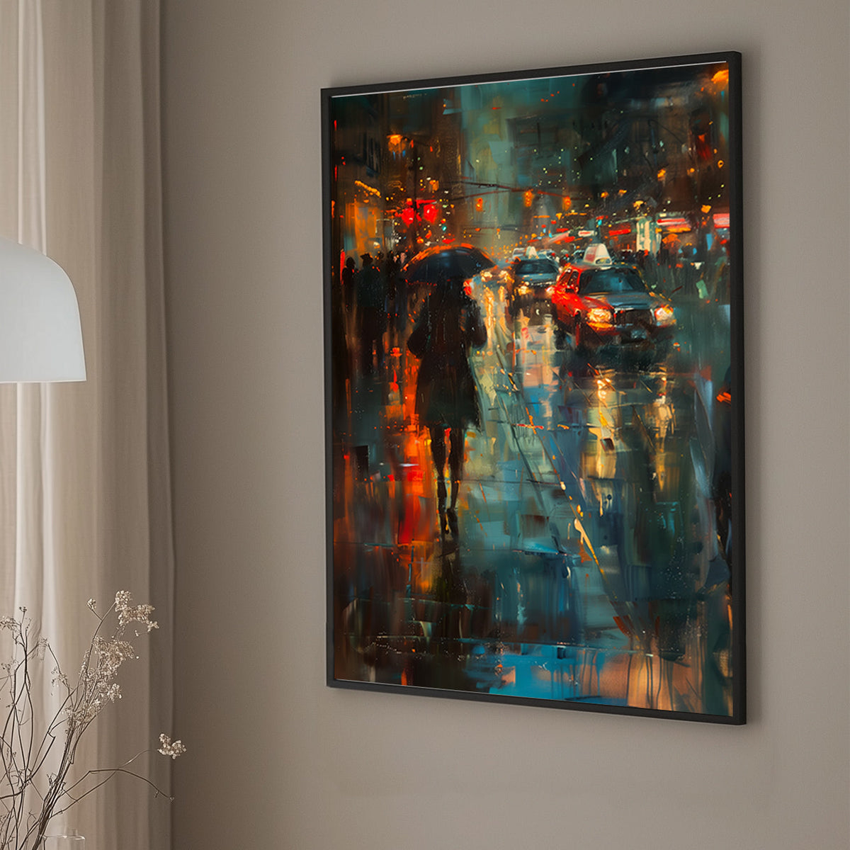 A rainy city wall art print of a street scene with glowing red and orange lights reflecting on the wet pavement, featuring a silhouetted figure with an umbrella and passing cars.