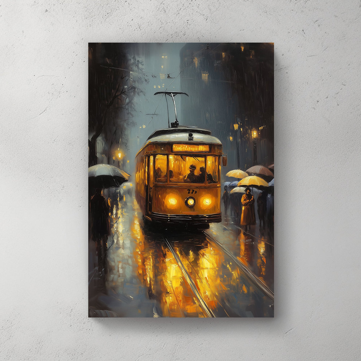 A glowing yellow streetcar wall art print on a rainy street with reflections, surrounded by figures holding umbrellas in an urban night setting.