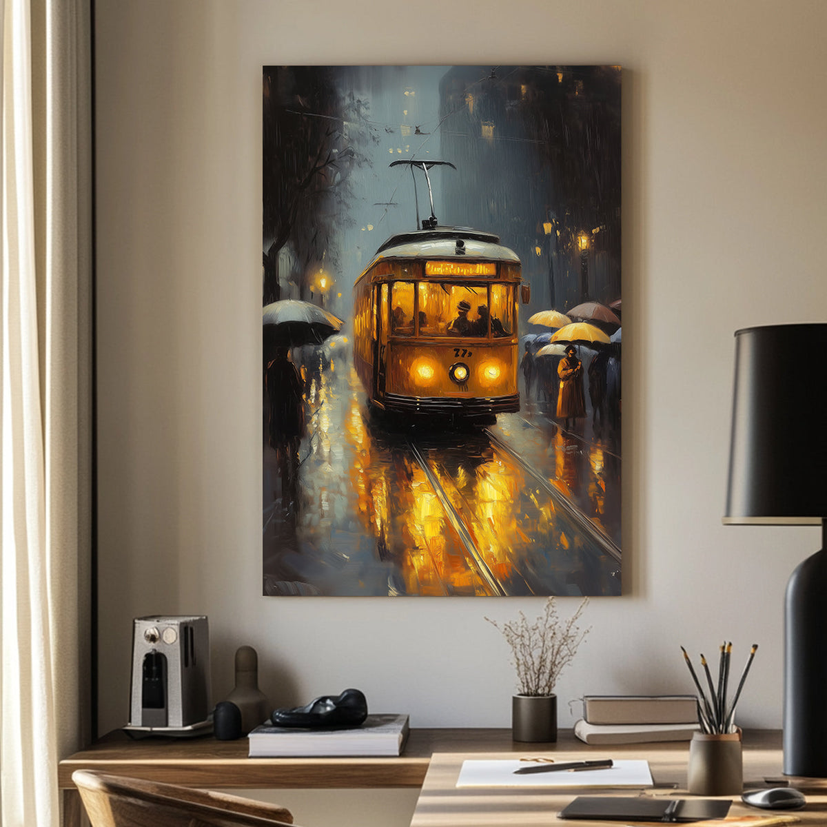 A glowing yellow streetcar wall art print on a rainy street with reflections, surrounded by figures holding umbrellas in an urban night setting.