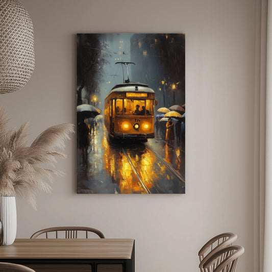 A glowing yellow streetcar wall art print on a rainy street with reflections, surrounded by figures holding umbrellas in an urban night setting.