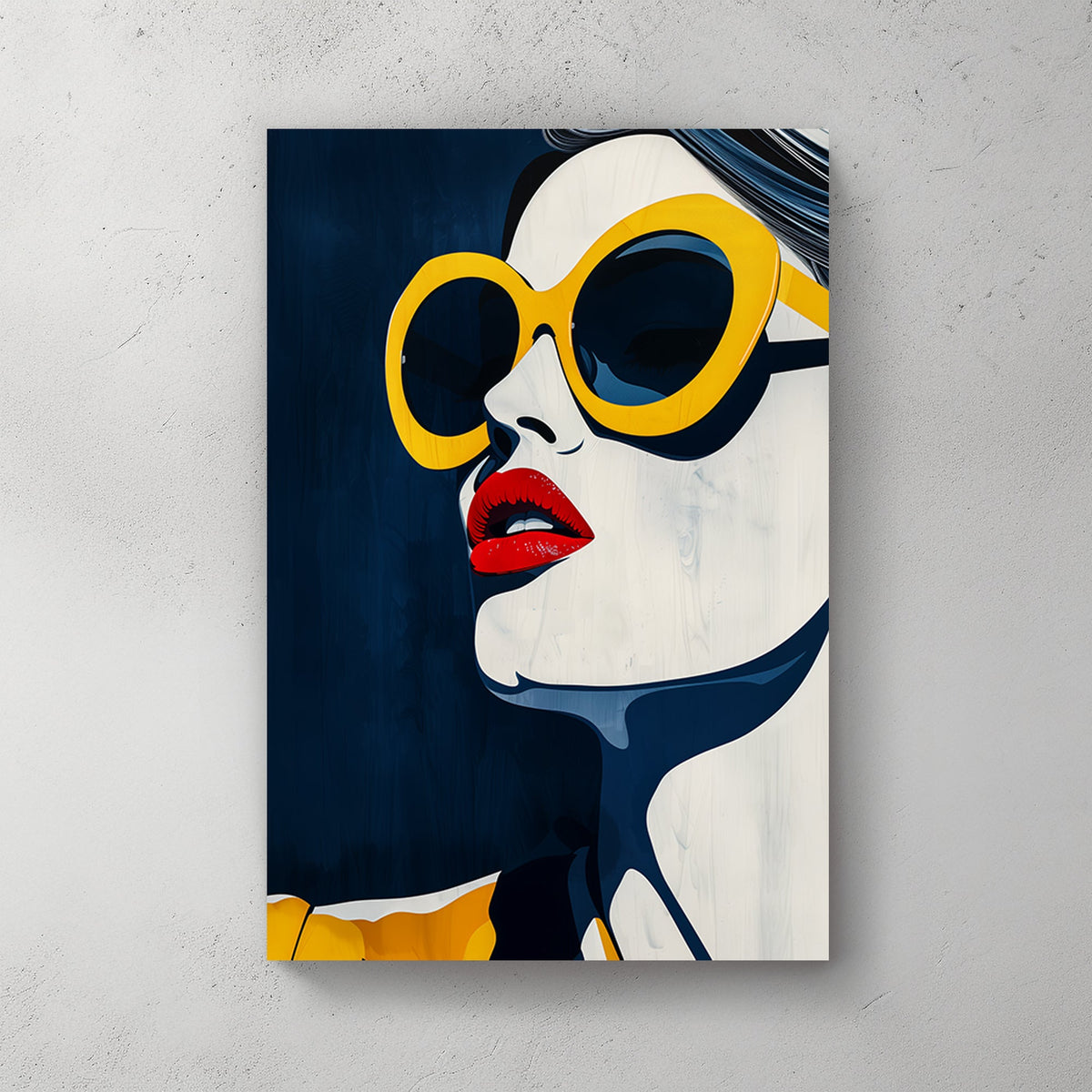 Pop wall art print of a close-up of a face with red lips and oversized yellow sunglasses on a deep blue background.