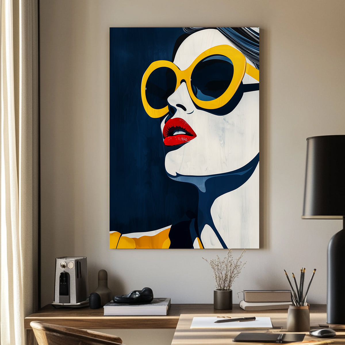 Pop wall art print of a close-up of a face with red lips and oversized yellow sunglasses on a deep blue background.