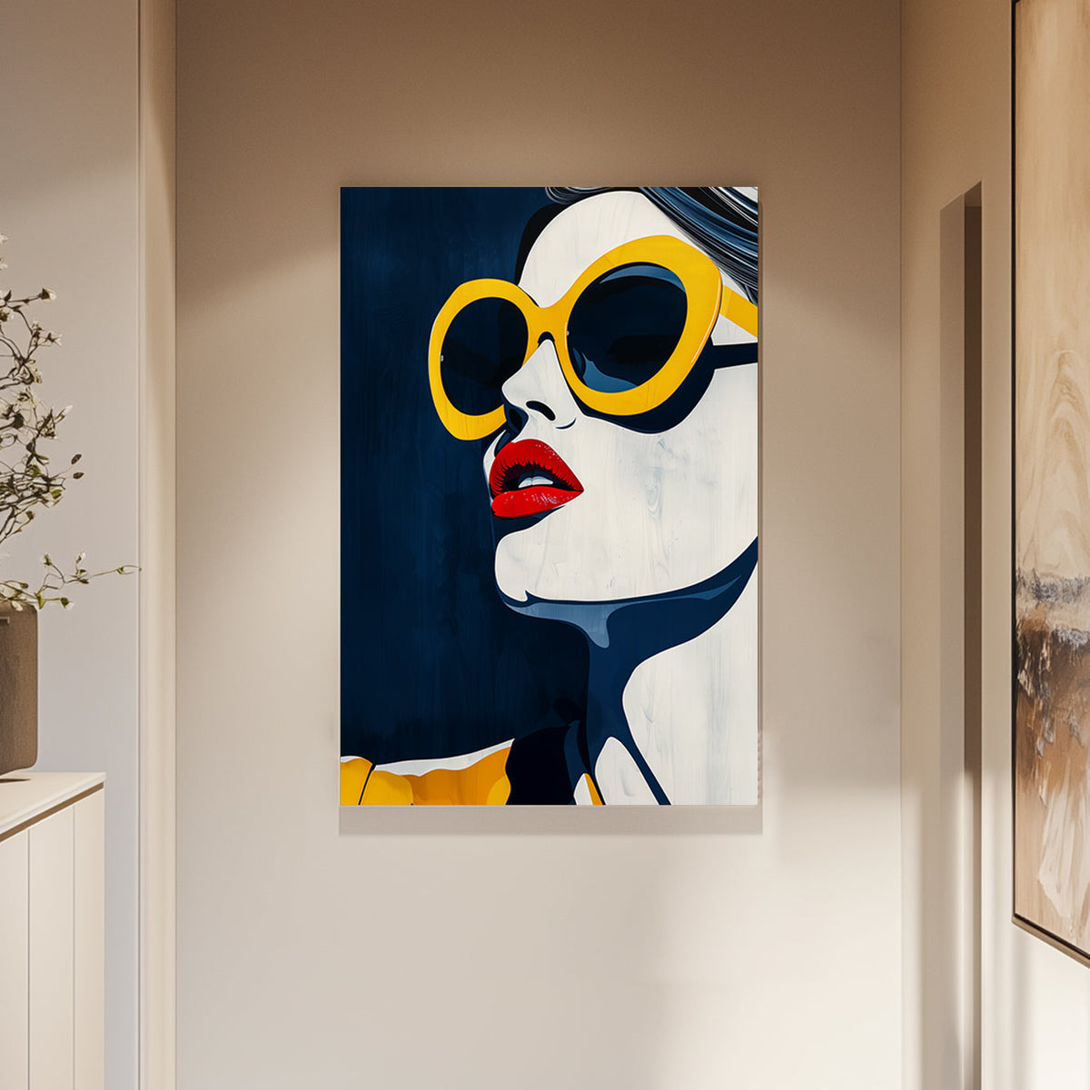Pop wall art print of a close-up of a face with red lips and oversized yellow sunglasses on a deep blue background.