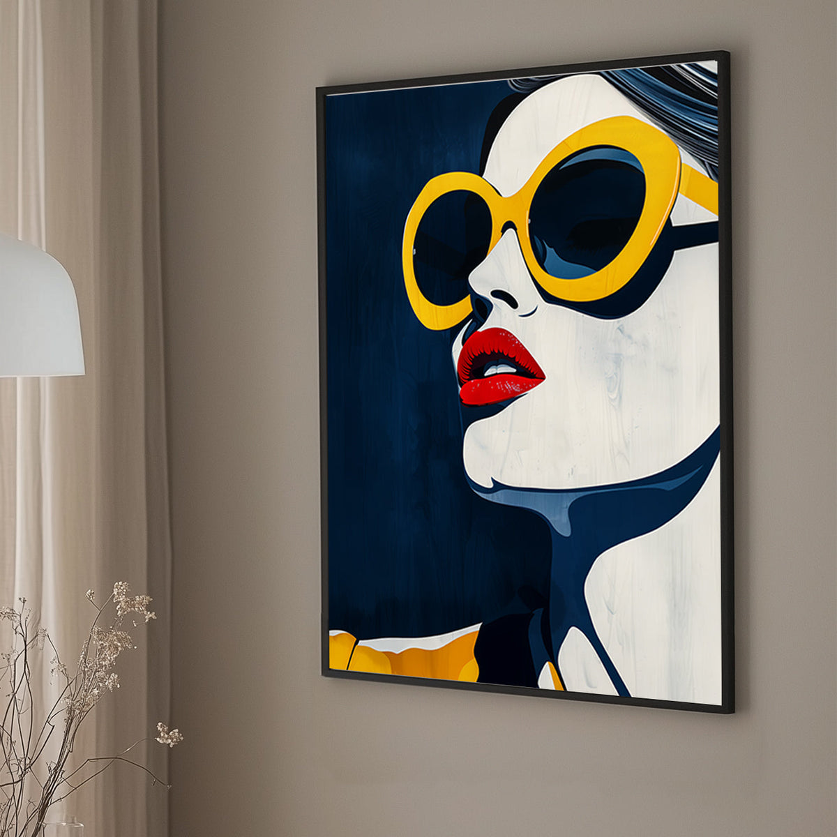 Pop wall art print of a close-up of a face with red lips and oversized yellow sunglasses on a deep blue background.
