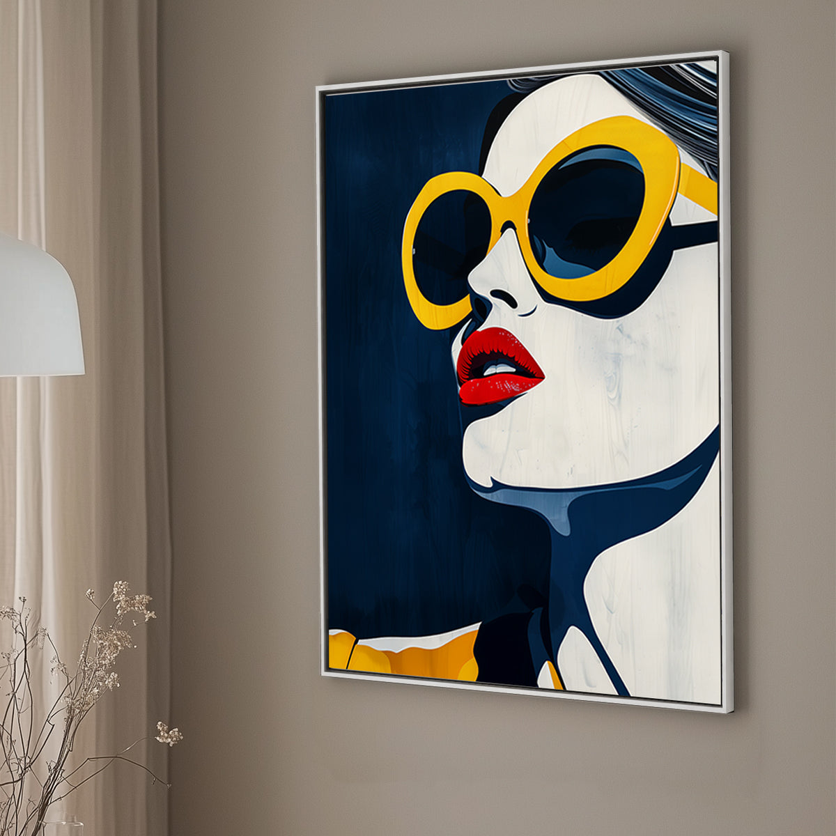 Pop wall art print of a close-up of a face with red lips and oversized yellow sunglasses on a deep blue background.