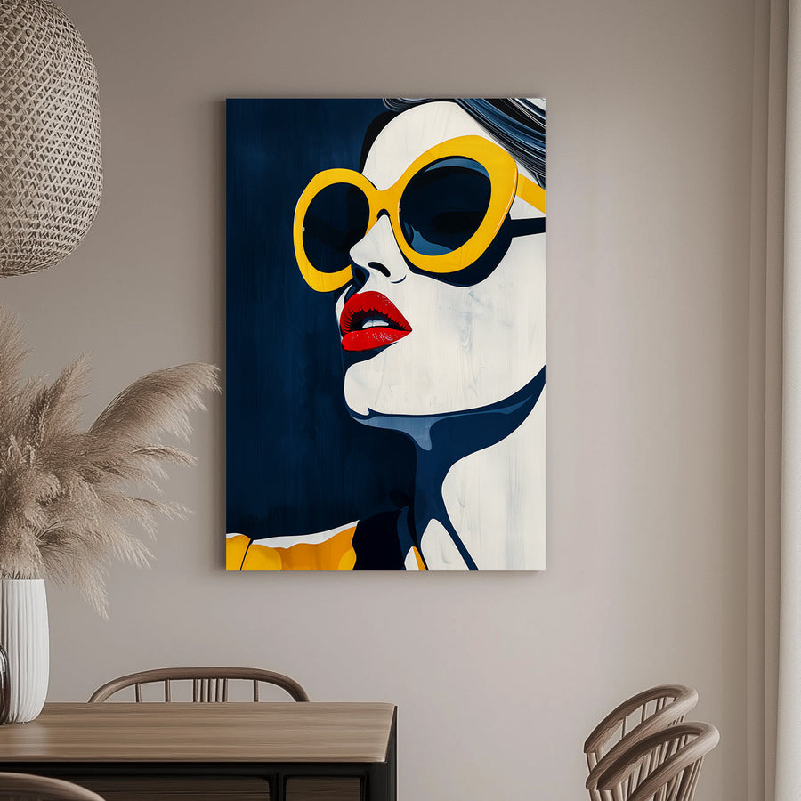 Pop wall art print of a close-up of a face with red lips and oversized yellow sunglasses on a deep blue background.