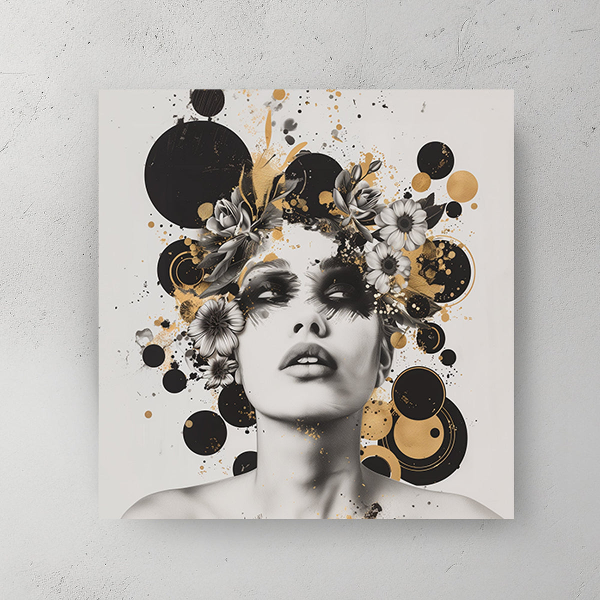 Black and white wall art portrait with floral embellishments and gold accents against a white background.