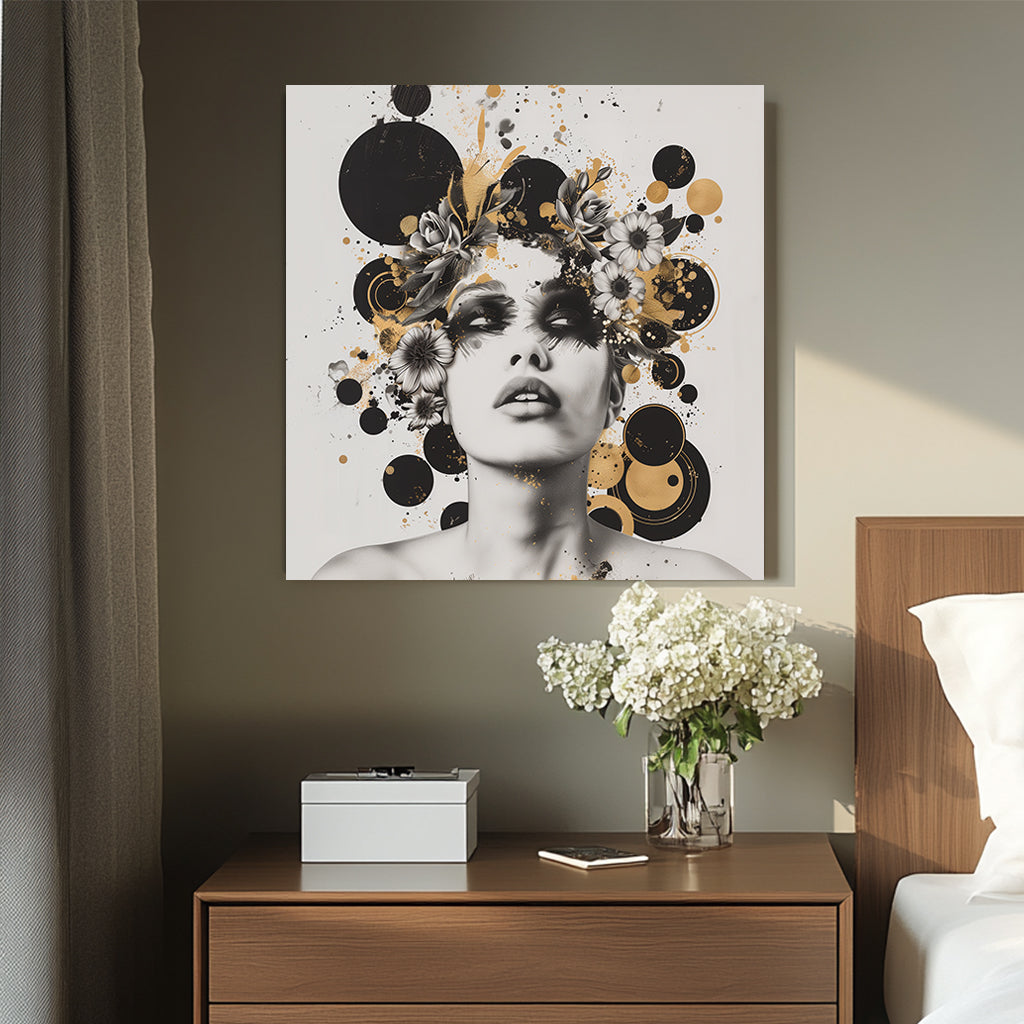 Black and white wall art portrait with floral embellishments and gold accents against a white background.