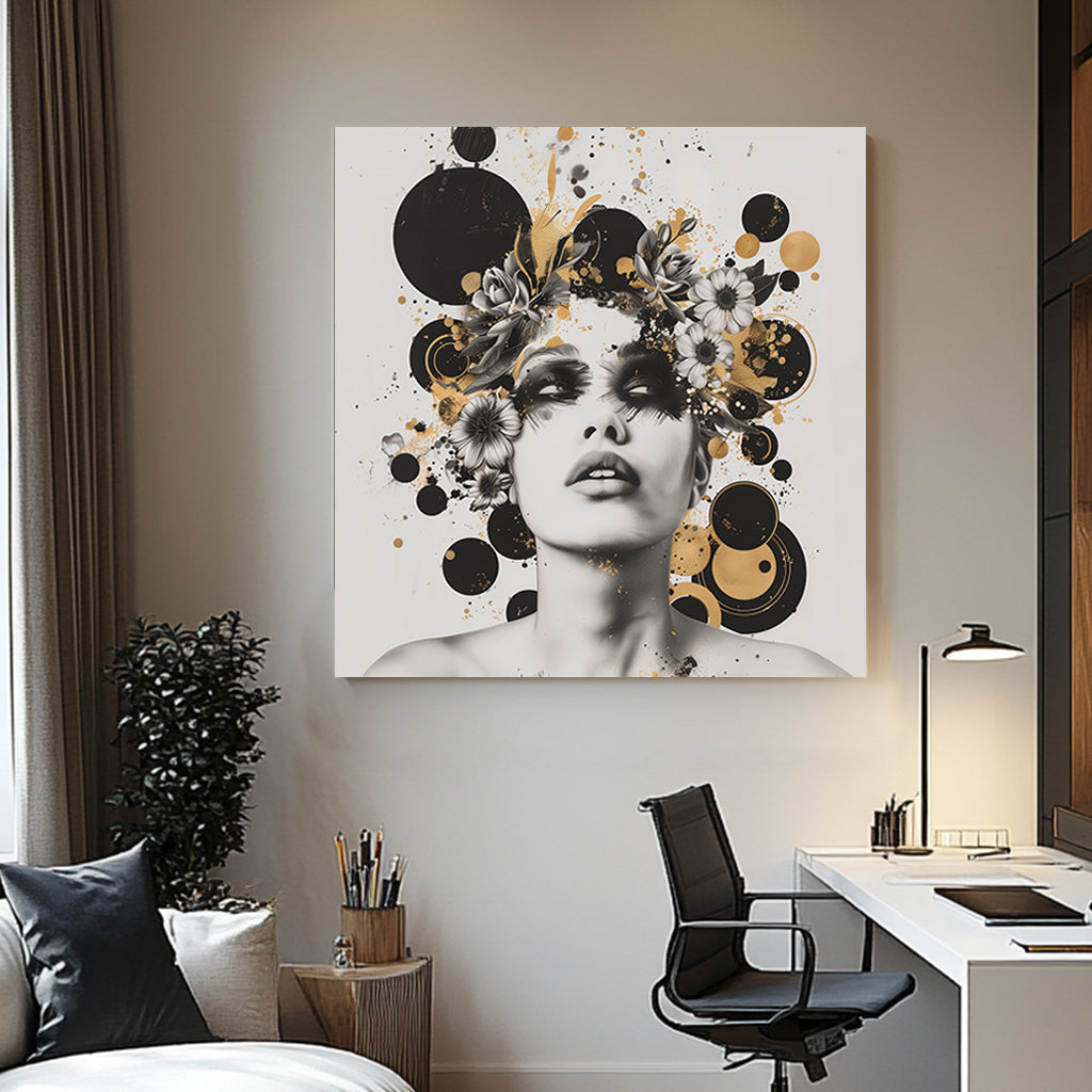 Black and white wall art portrait with floral embellishments and gold accents against a white background.