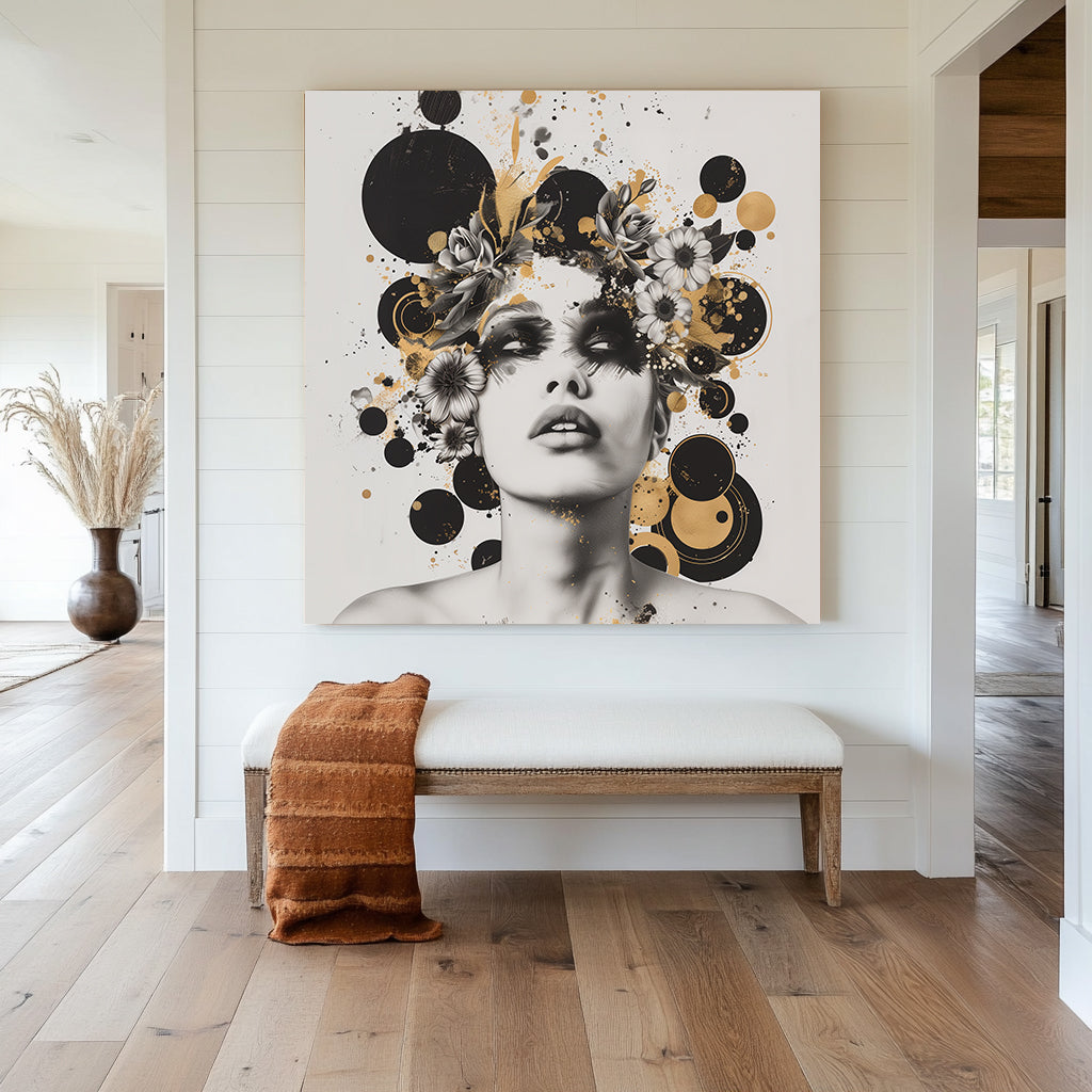 Black and white wall art portrait with floral embellishments and gold accents against a white background.