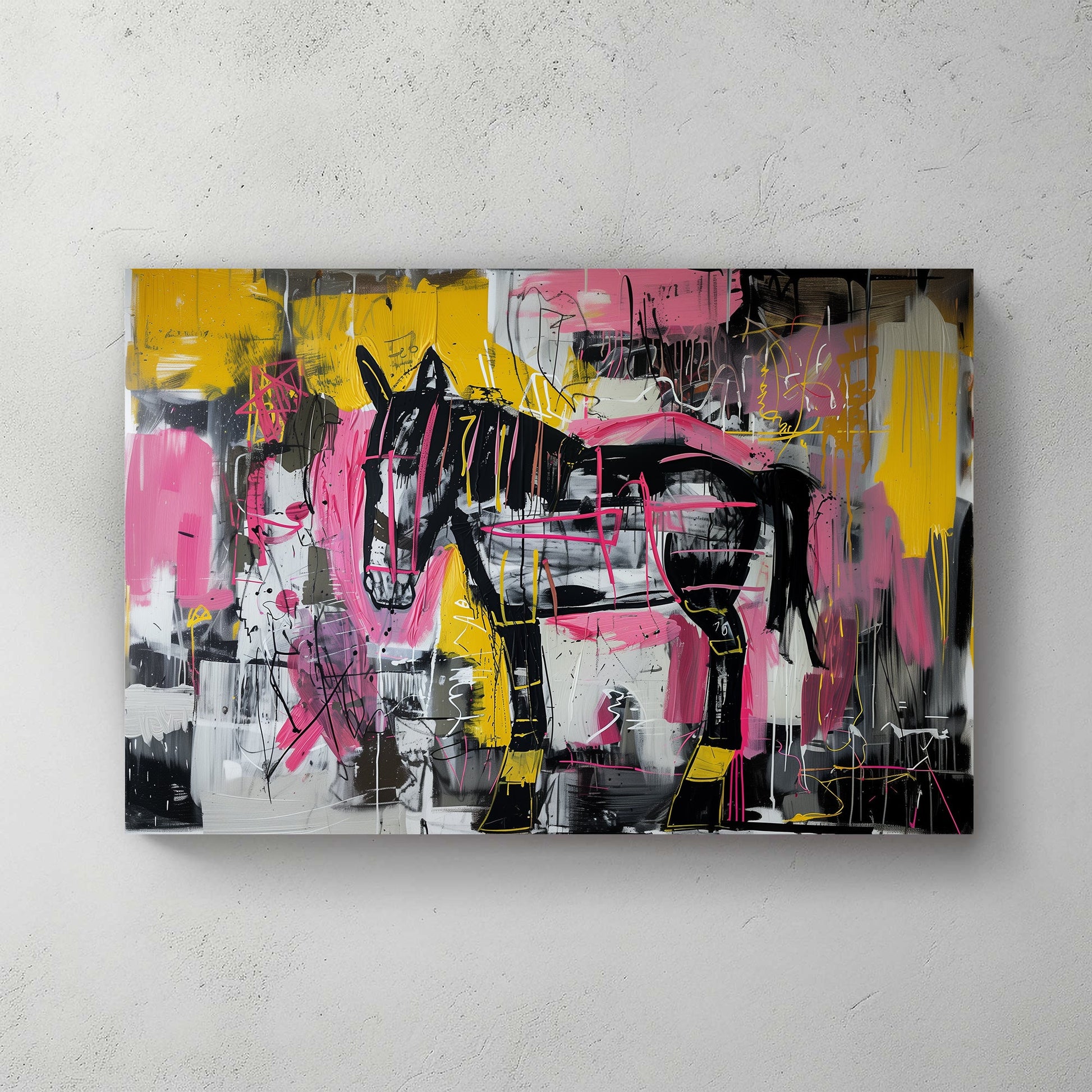 Abstract Basquiat graffiti-style wall art of a horse in black, pink, and yellow with bold, chaotic brushstrokes.