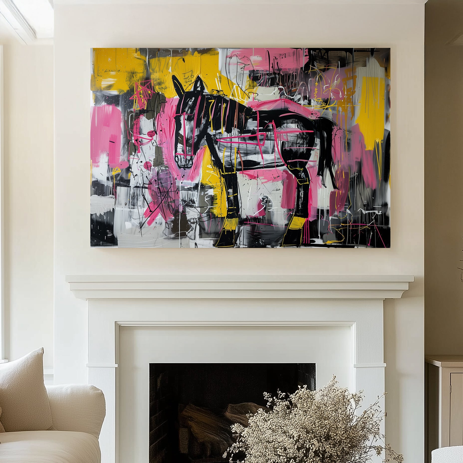 Abstract Basquiat graffiti-style wall art of a horse in black, pink, and yellow with bold, chaotic brushstrokes.