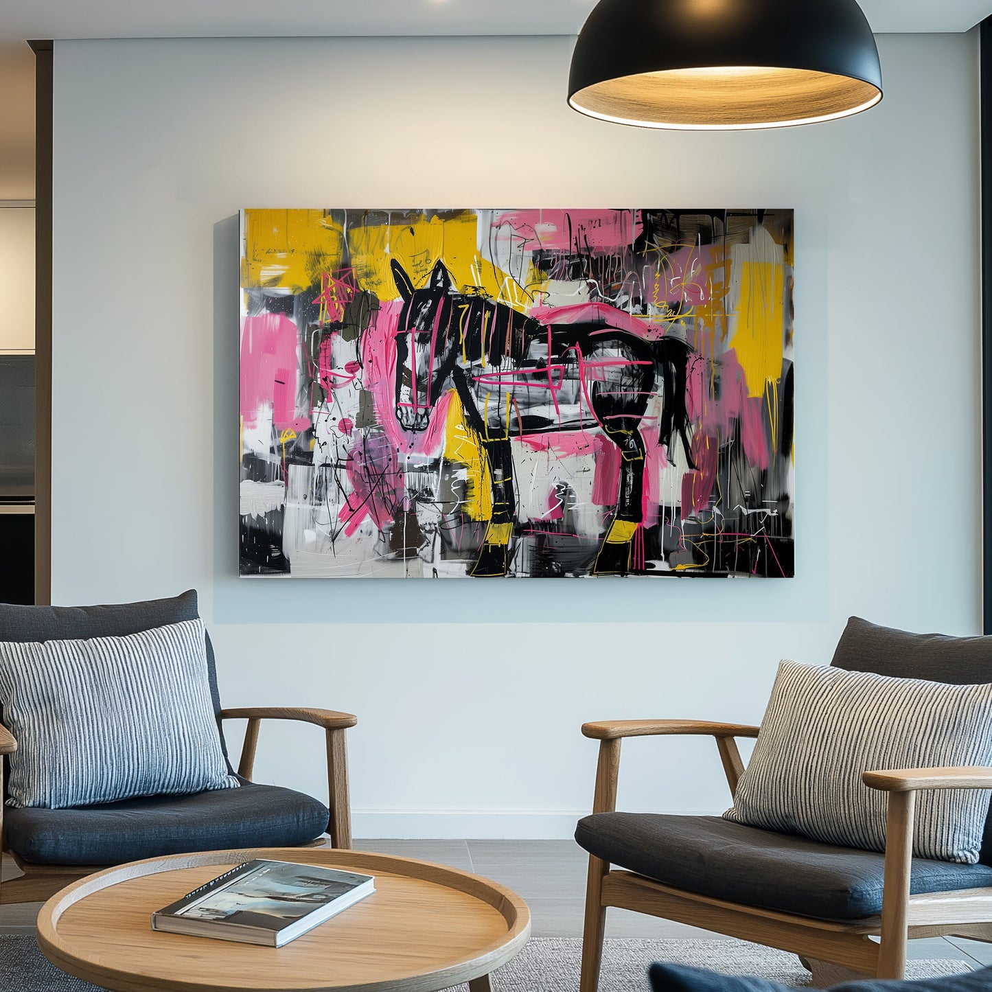 Abstract Basquiat graffiti-style wall art of a horse in black, pink, and yellow with bold, chaotic brushstrokes.