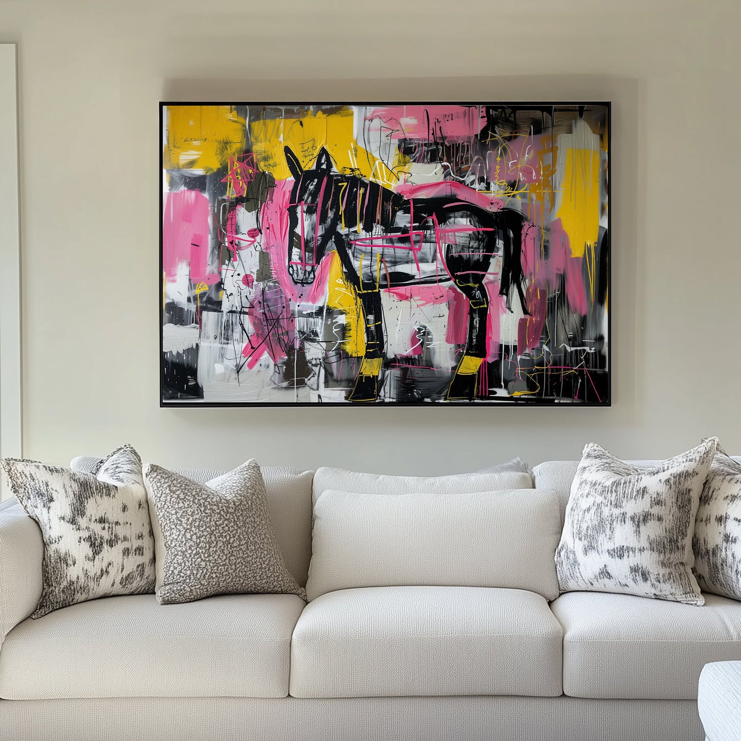 Abstract Basquiat graffiti-style wall art of a horse in black, pink, and yellow with bold, chaotic brushstrokes.