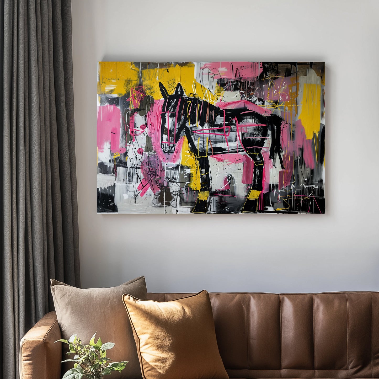 Abstract Basquiat graffiti-style wall art of a horse in black, pink, and yellow with bold, chaotic brushstrokes.