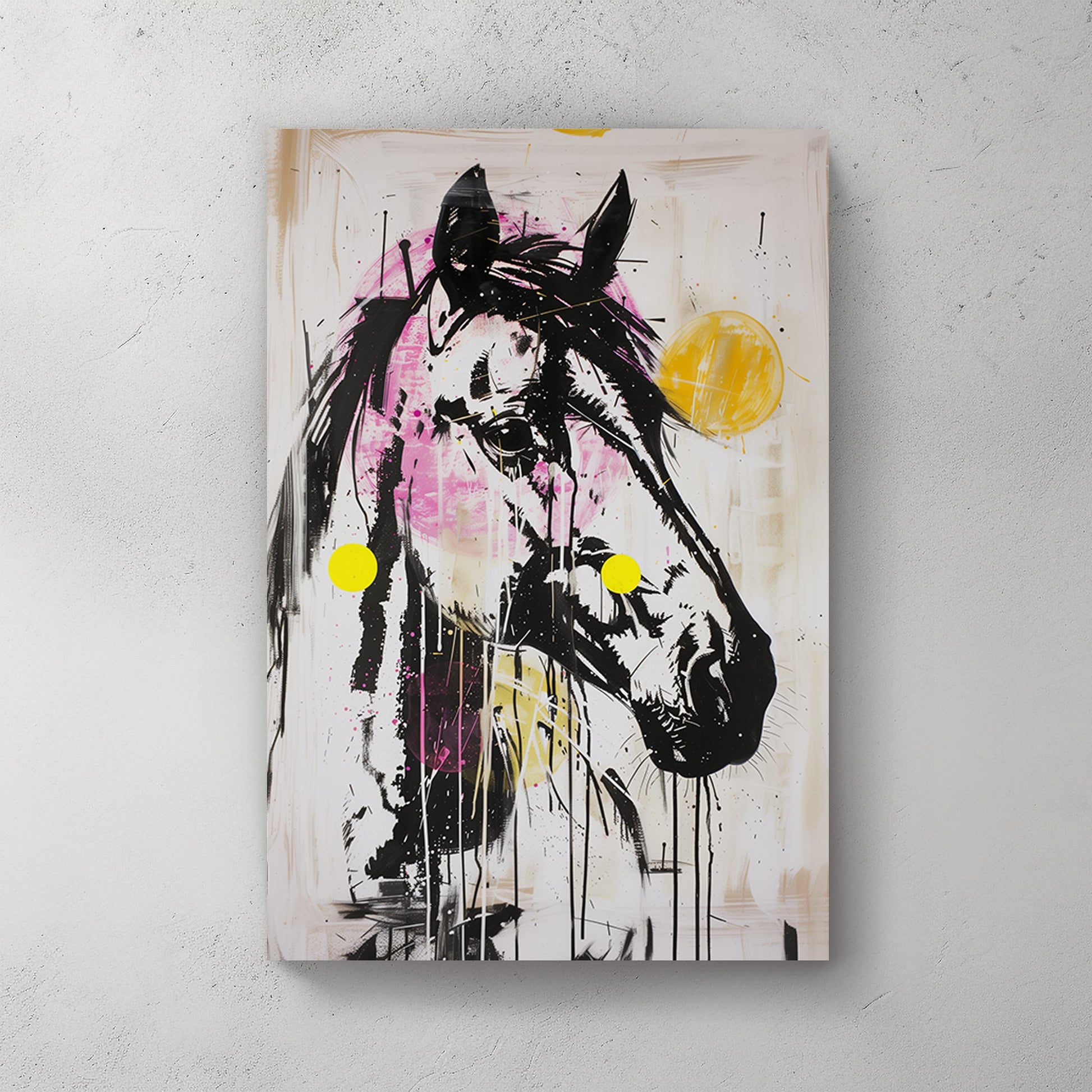 Abstract basquiat wall art of a neon horse portrait in pink, yellow, and black with dripping paint and bold brushstrokes.