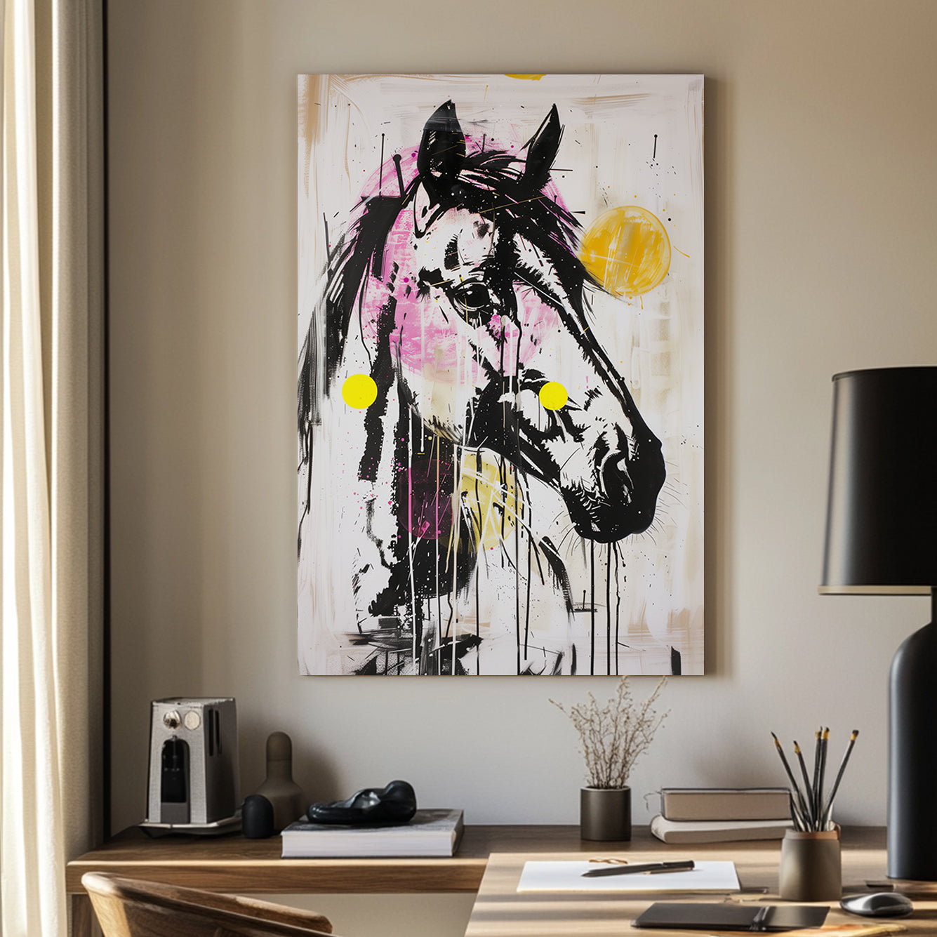 Abstract basquiat wall art of a neon horse portrait in pink, yellow, and black with dripping paint and bold brushstrokes.