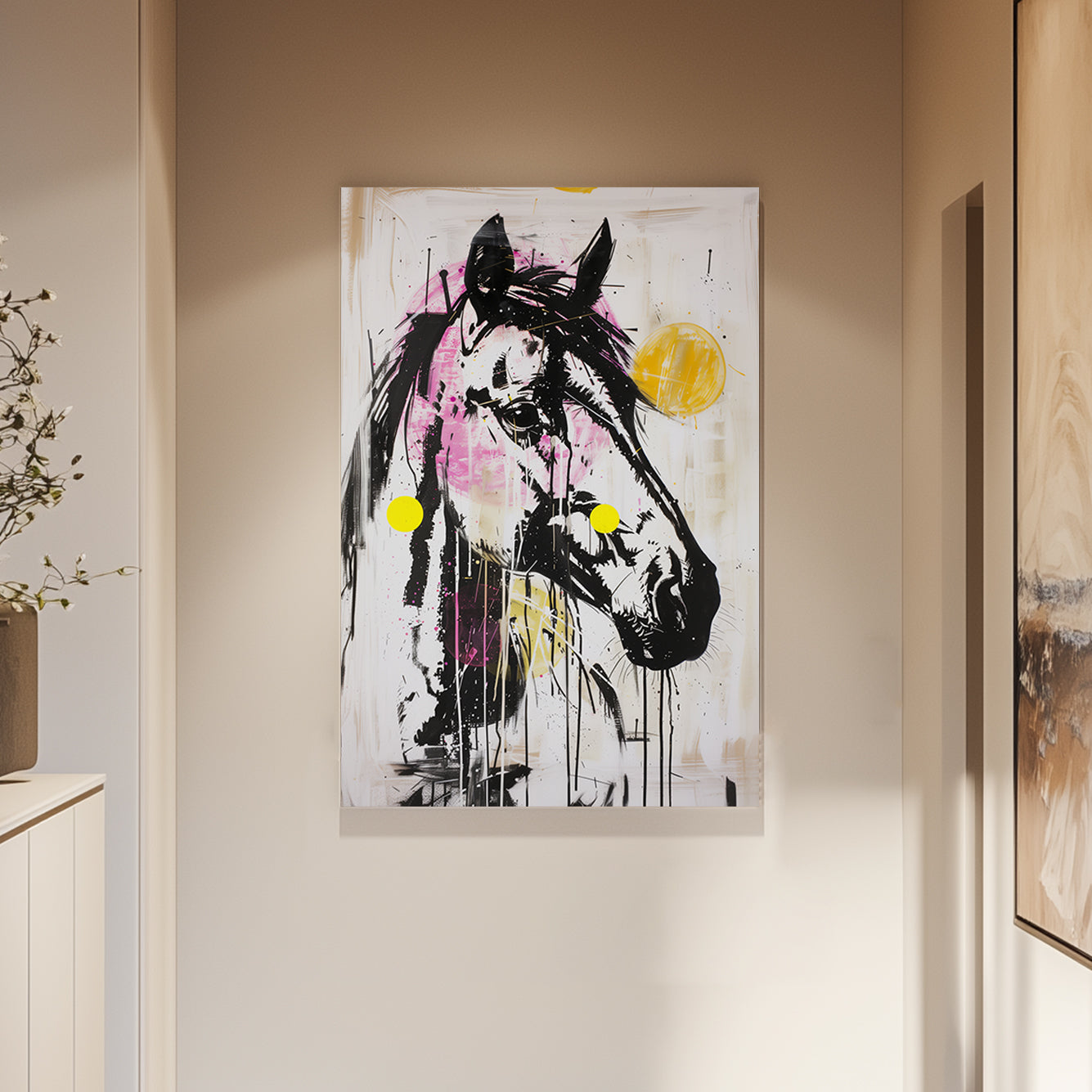 Abstract basquiat wall art of a neon horse portrait in pink, yellow, and black with dripping paint and bold brushstrokes.