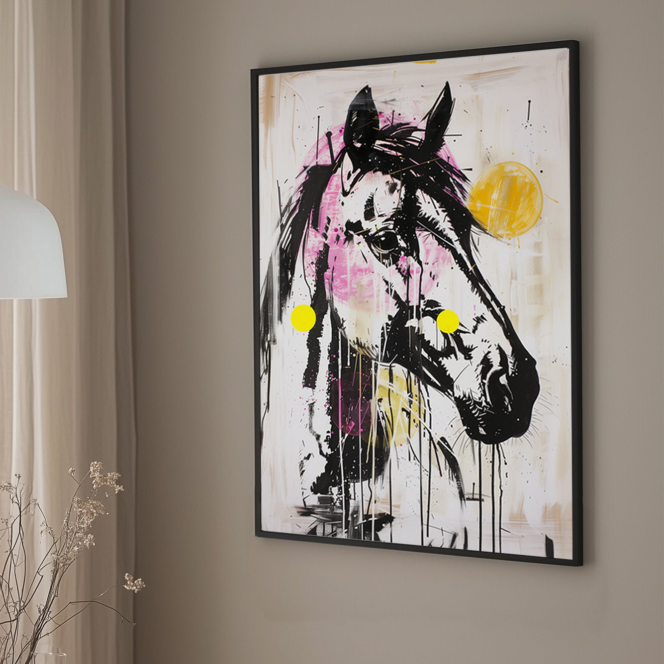 Abstract basquiat wall art of a neon horse portrait in pink, yellow, and black with dripping paint and bold brushstrokes.