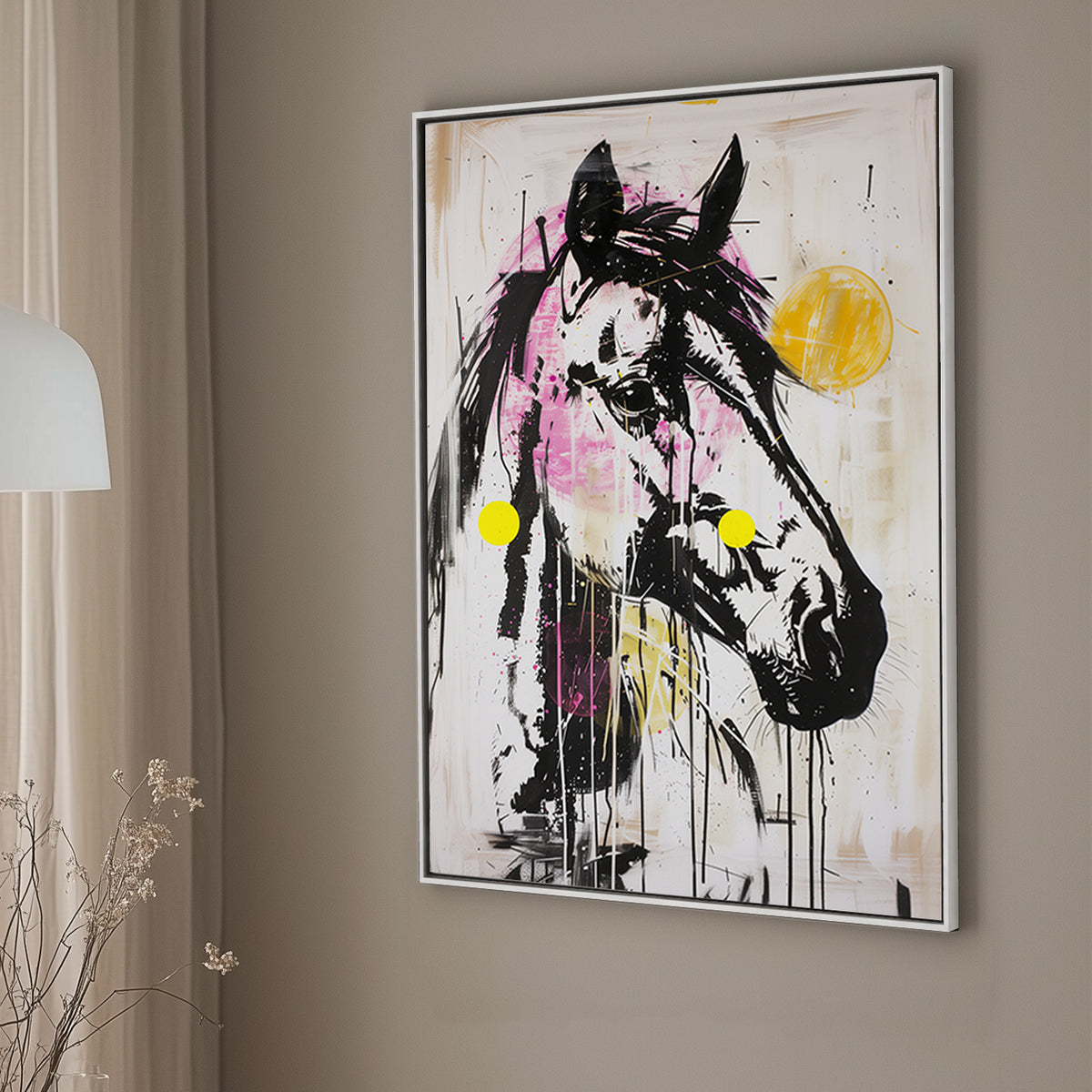 Abstract basquiat wall art of a neon horse portrait in pink, yellow, and black with dripping paint and bold brushstrokes.