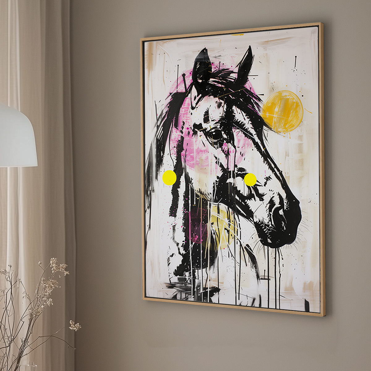 Abstract basquiat wall art of a neon horse portrait in pink, yellow, and black with dripping paint and bold brushstrokes.