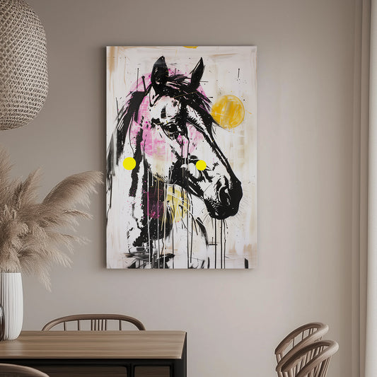 Abstract basquiat wall art of a neon horse portrait in pink, yellow, and black with dripping paint and bold brushstrokes.