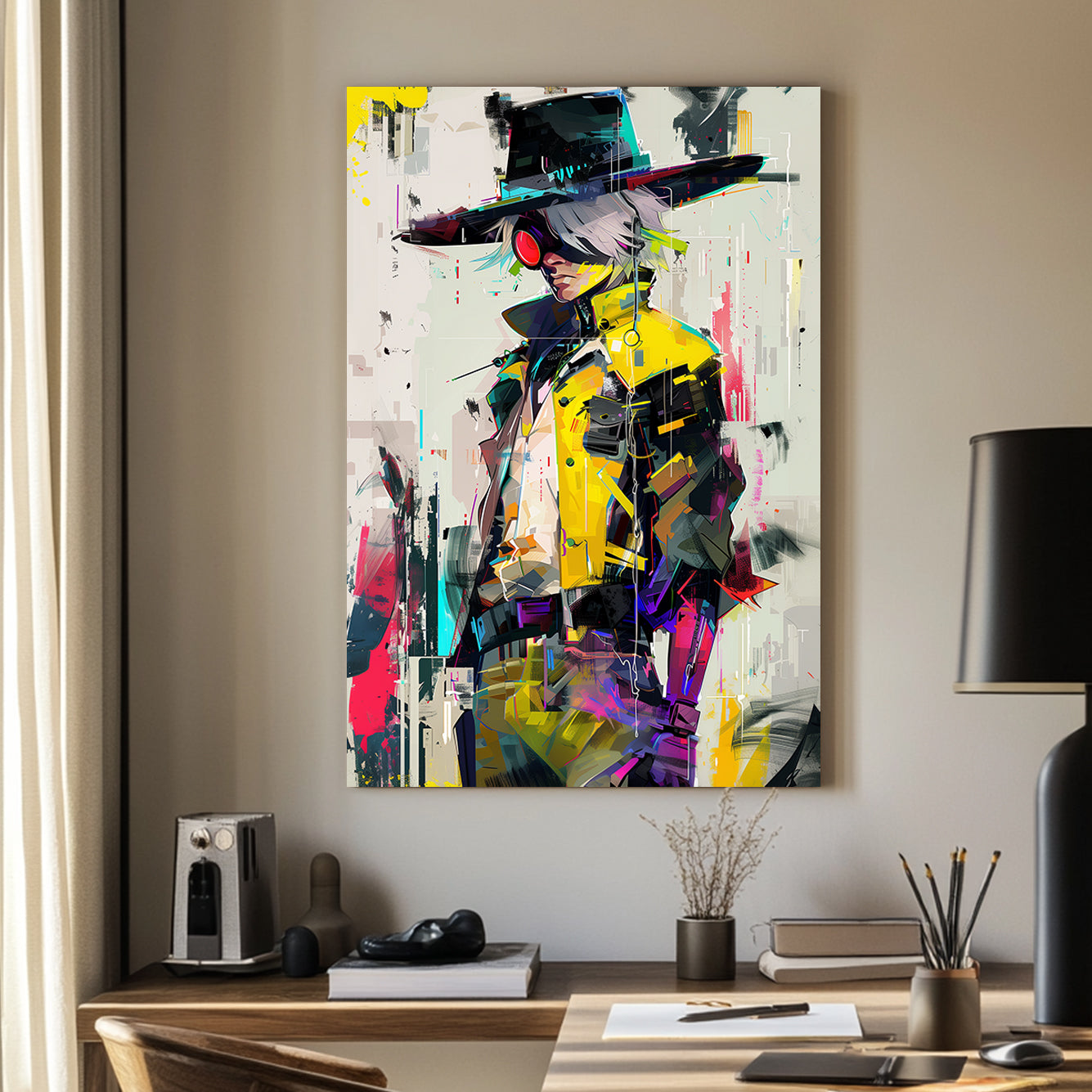 Anime wall art of a figure in a yellow trench coat with neon highlights and glitch art details.