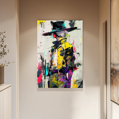 Anime wall art of a figure in a yellow trench coat with neon highlights and glitch art details.