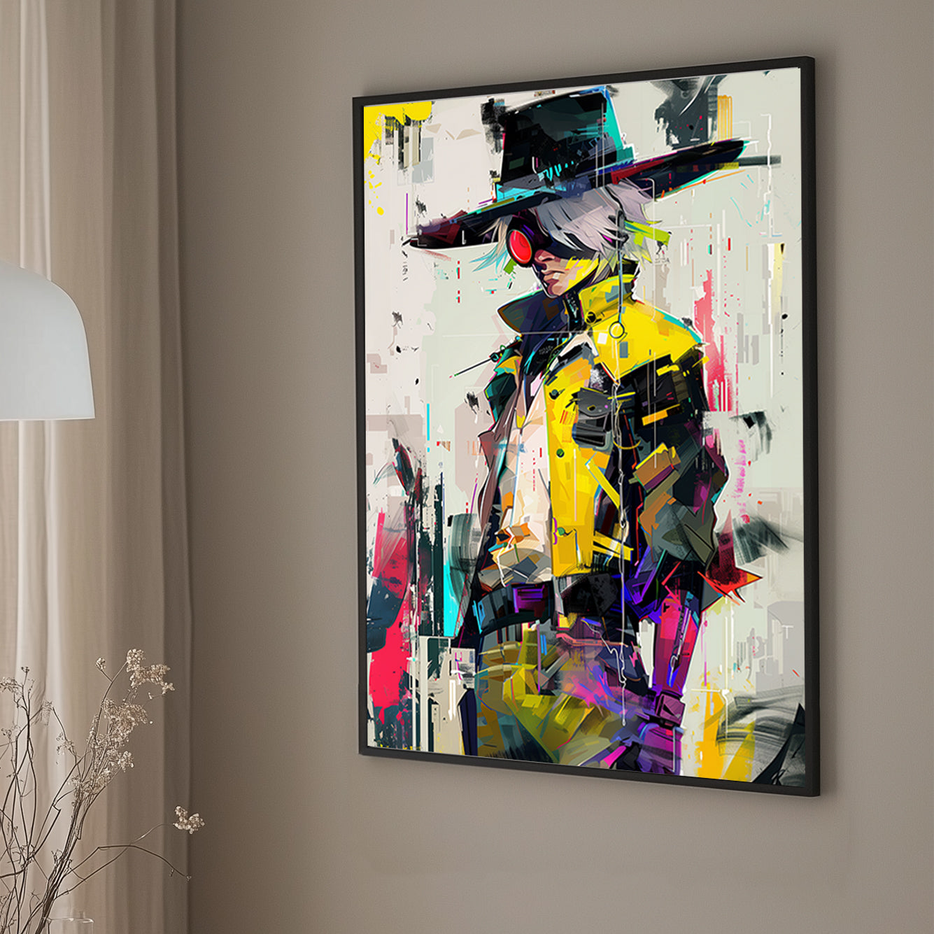 Anime wall art of a figure in a yellow trench coat with neon highlights and glitch art details.