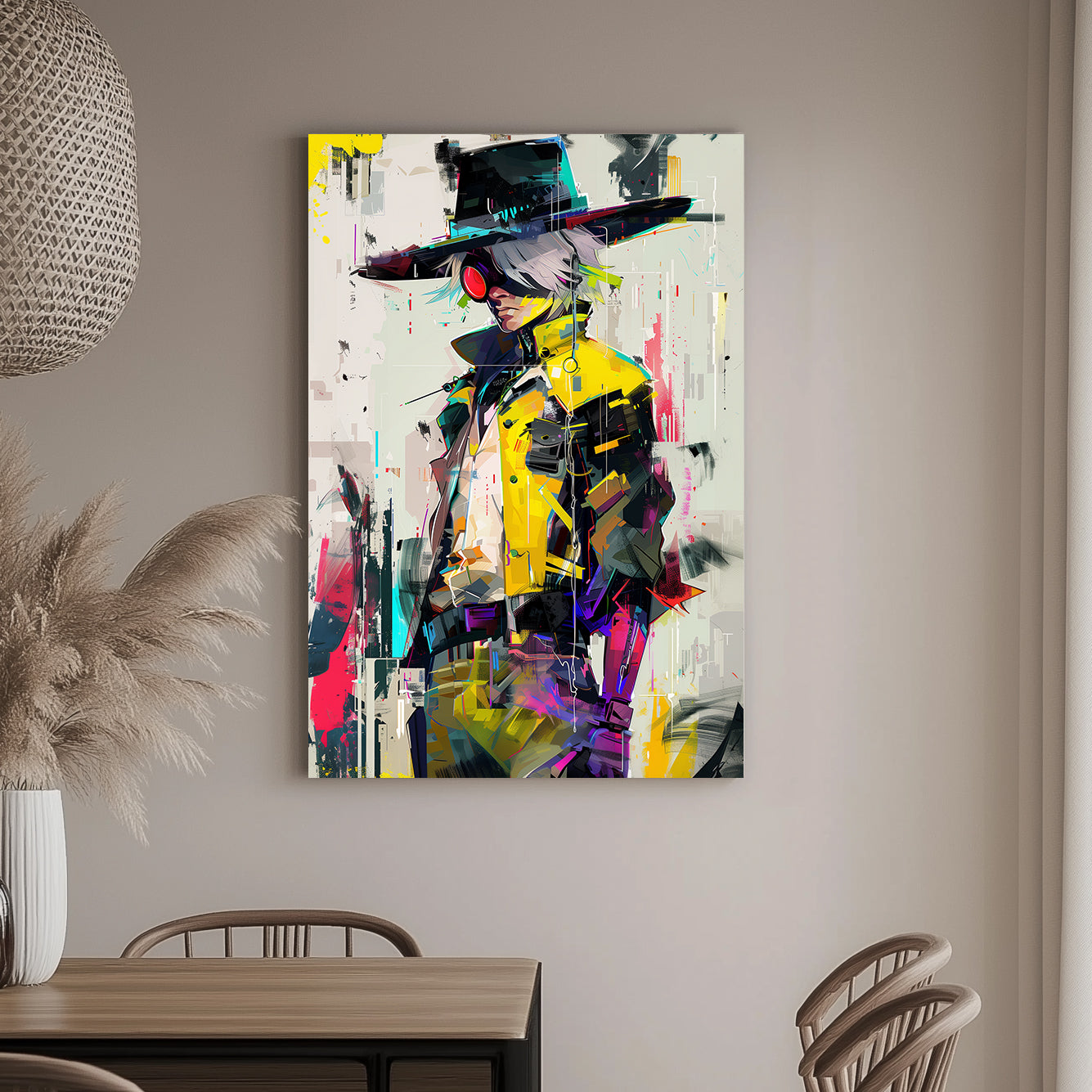 Anime wall art of a figure in a yellow trench coat with neon highlights and glitch art details.